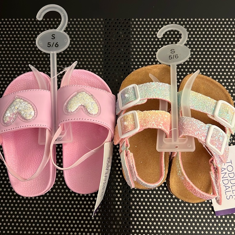 2 Pair Toddler Girl’s S 5/6 * Pink Sandals with Heart and Pastel Glitter Sandals